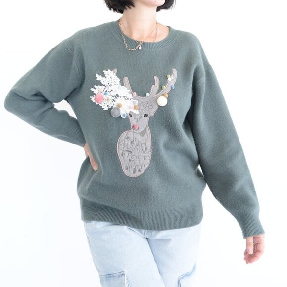 Bafer Dark Sage with Deer Crewneck Sweater - Picture 1 of 15